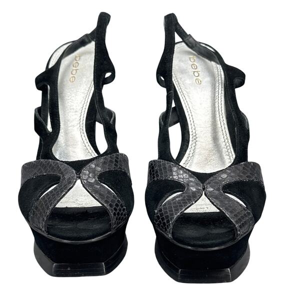 Bebe 90s Black Snake Suede Slingback Platform Stiletto Peep Toe Shoe Women 10B - Picture 2 of 8